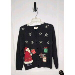 Talbots Ugly Christmas Sweater Cardigan Black Santa Applique Petite Small Ramie